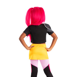 K-Pop Demon Hunters Mia kids costume – yellow skirt, printed crop top and leggings inspired by the Netflix animated movie.

Kids Mia K-Pop Demon Hunters costume featuring yellow skirt, printed top, attached leggings and pink charm accessory.

Mia K-Pop Demon Hunters costume crop top close-up with digital print and short sleeves.

Yellow skirt with attached printed leggings from Mia K-Pop Demon Hunters kids costume.

Mia K-Pop Demon Hunters costume accessories including felt neckpiece with printed gem and pi