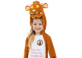 Child wearing a Gruffalo costume with a white shirt displaying text.