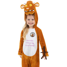 Child wearing a Gruffalo costume with a white shirt displaying text.