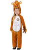 Child wearing a Gruffalo costume with a white shirt displaying text.