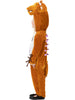 Person wearing a brown dinosaur onesie on a white background