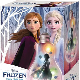 Box of Disney Frozen Magic Light Bulb with characters Anna and Elsa on a snowy background