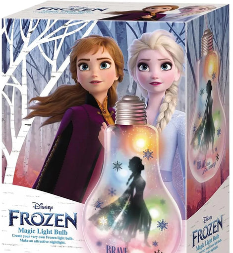 Box of Disney Frozen Magic Light Bulb with characters Anna and Elsa on a snowy background