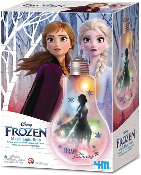 Box of Disney Frozen Magic Light Bulb with characters Anna and Elsa on a snowy background